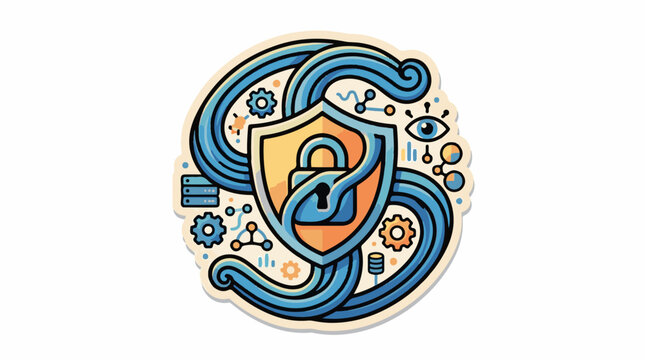 A stylized shield with a padlock surrounded by swirling lines and various tech symbols