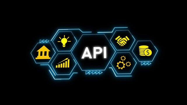 A P I Interface Technology Hexagon Network Digital Innovation Blockchain Finance Cryptocurrency. API Interface Hexagon Network Animation. Digital Blockchain Finance Shows Innovation Growth.