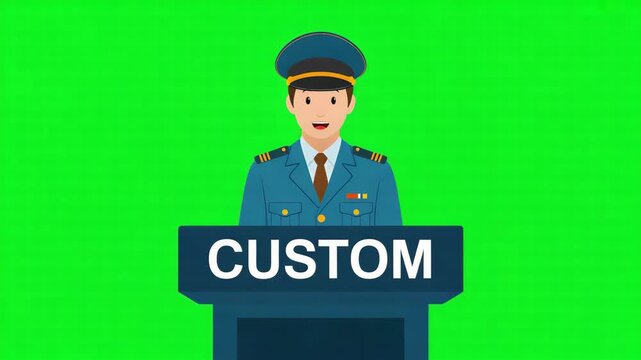 Smiling professional man in a blue uniform and cap standing behind a custom podium on a vibrant green screen background 4k video