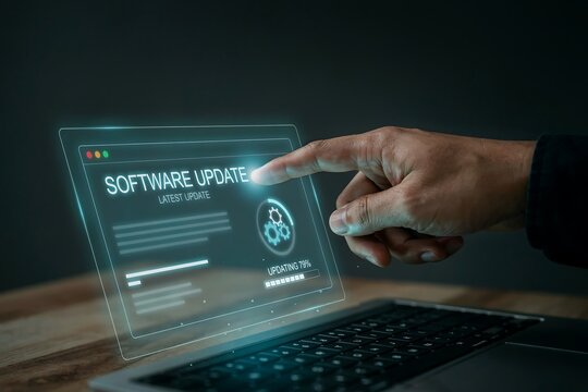 Hand touching a futuristic holographic display showing a software update progress bar process.