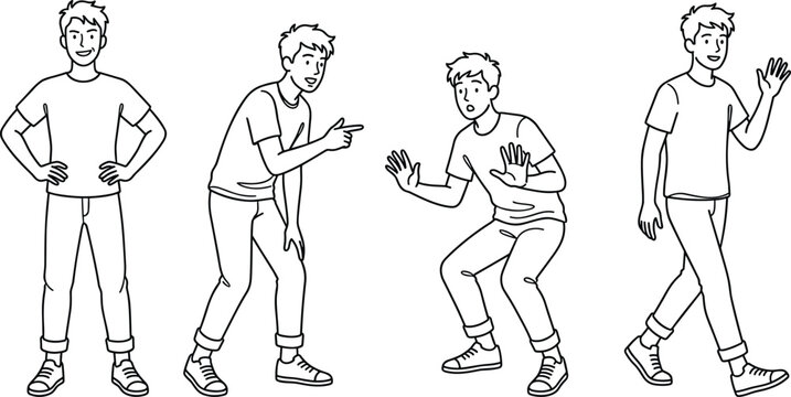 Young man character poses set with different emotions and gestures standing pointing scared waving line art vector illustration.