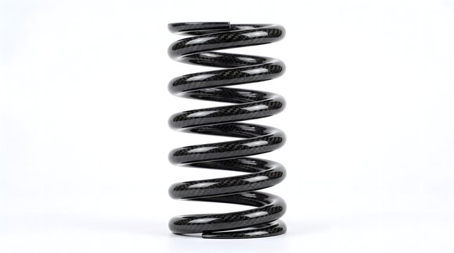 Sleek carbon fiber mechanical spring with a glossy dark weave on a solid white background
