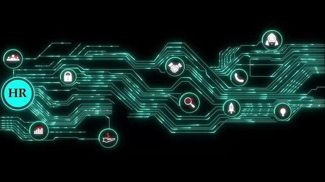 Digital HR Management System Abstract Network Technology Background Animated Circuit Board. HR And Recruitment Streamline Hiring Process. Technology And Data Ensure Secure Payroll Management.