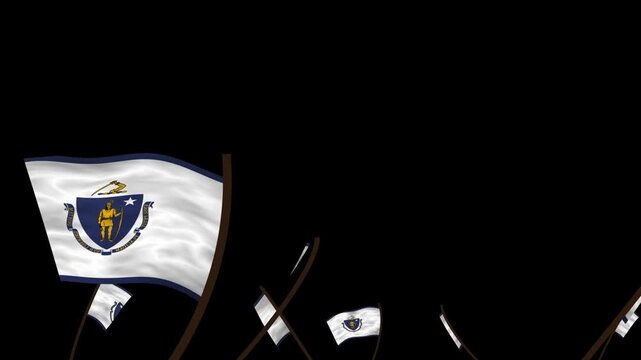 Massachusetts State Flags Waving Crowd. Realistic 4K 60fps Seamless Loop Animation Isolated On Black Background For Overlay. Lot Of Massachusetts State Flags With Realistic Fabric Motion.