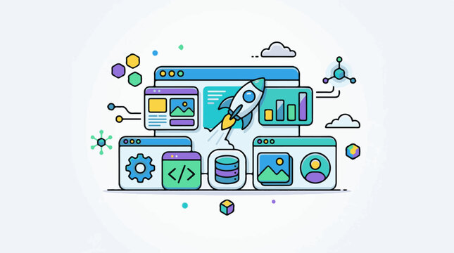 A colorful illustration of a rocket launching from a computer screen surrounded by various icons