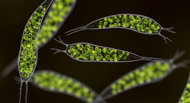 Green microscopic organisms floating in a dark environment
