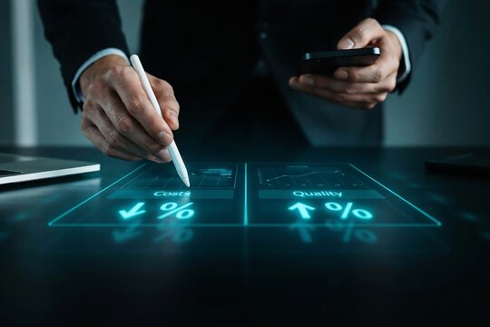 Businessman using a digital interface to analyze costs and quality metrics for corporate efficiency