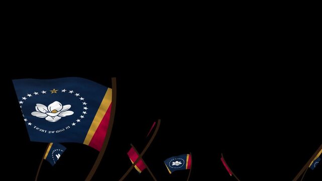 Mississippi State Flags Waving Crowd. Realistic 4K 60fps Seamless Loop Animation Isolated On Black Background For Overlay. Lot Of Mississippi State Flags With Realistic Fabric Motion.