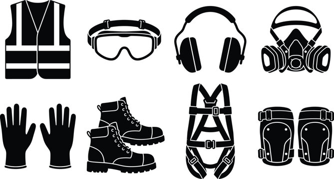 Personal Protective Equipment PPE Safety Gear Silhouette Vector Icon Collection for Industrial Workplace