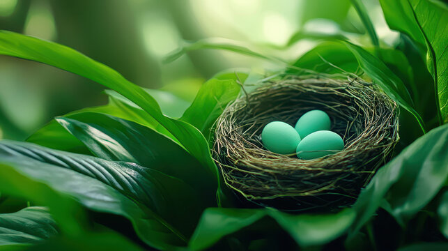 Serene nest with three turquoise eggs rests among lush green leaves, creating peaceful and natural atmosphere