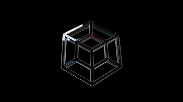 Shiny 3d wireframe cube structure glowing with light reflections on a dark background 3D Icon