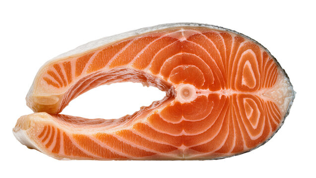 Thick raw salmon steak with visible fat marbling, isolated on transparent background