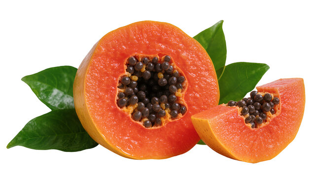 Ripe orange papaya half and slice with black seeds, isolated on transparent background
