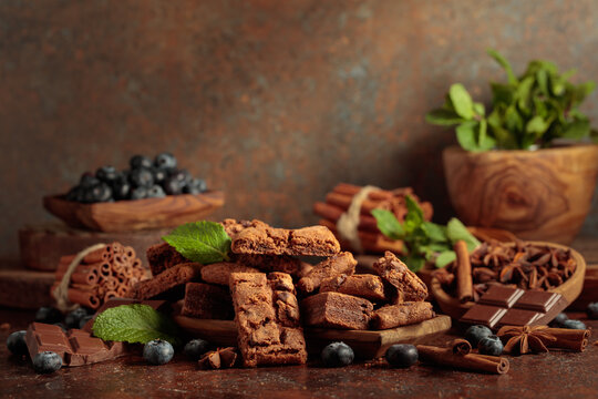 Brownie with blueberries and mint.
