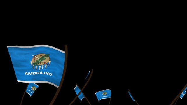 Oklahoma State Flags Waving Crowd. Realistic 4K 60fps Seamless Loop Animation Isolated On Black Background For Overlay. Lot Of Oklahoma State Flags With Realistic Fabric Motion.