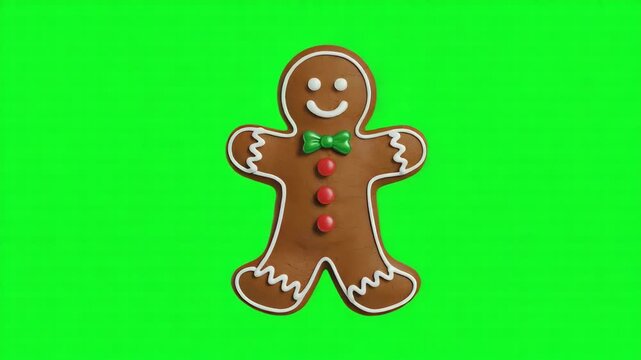 A cheerful gingerbread man cookie with white icing and a green bow tie stands isolated on a bright green screen background for festive holiday themes 4k video