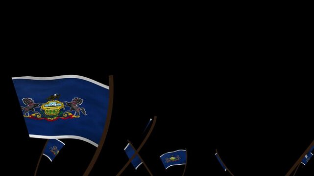 Pennsylvania State Flags Waving Crowd. Realistic 4K 60fps Seamless Loop Animation Isolated On Black Background For Overlay. Lot Of Pennsylvania State Flags With Realistic Fabric Motion.