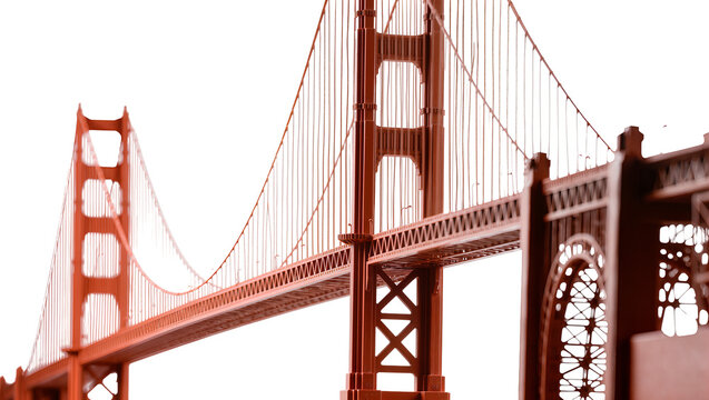 Orange Golden Gate Bridge suspension structure, isolated on transparent background