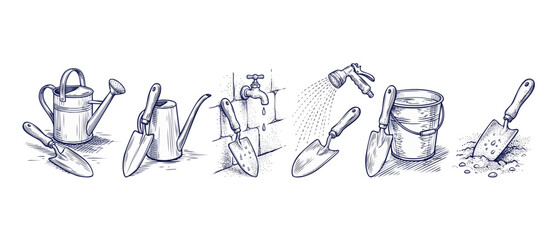 Gardening tools set sketch illustration featuring hand drawn watering can, shovel trowel, bucket, and garden hose nozzle vector icons for spring backyard planting hobby landscaping work concept. © Dinali