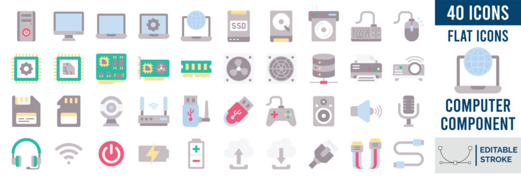 Computer component Flat editable icon set. Contain icons related to part of computer, monitor, server, cpu, hard drive, RAM, webcam, and more. Vector illustration