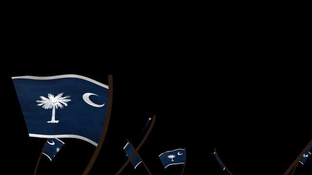 South Carolina State Flags Waving Crowd. Realistic 4K 60fps Seamless Loop Animation Isolated On Black Background For Overlay. Lot Of South Carolina State Flags With Realistic Fabric Motion.