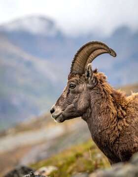 Majestic Wild Ibex Standing on Rocky Alpine Slope with Blurred Mountain Background
