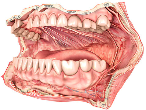 frenulum of the tongue, sublingual caruncles (with openings of the submandibular ducts), sublingual folds, deep lingual veins