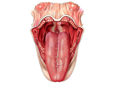 Visible structures: frenulum of the tongue, sublingual caruncles (with openings of the submandibular ducts), sublingual folds, deep lingual veins.