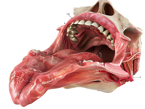 Visible structures: frenulum of the tongue, sublingual caruncles (with openings of the submandibular ducts), sublingual folds, deep lingual veins.