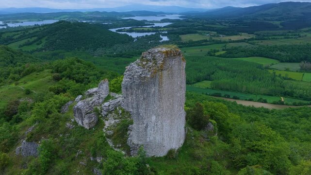 Aerial drone view of the ruins of Guevara Castle near the village of Guevara. Llanada Alavesa region. &Aacute;lava. Basque Country. Spain. Europe