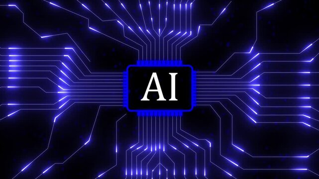 Futuristic ai chip with blue energy on a dark circuit board background artificial. AI technology with circuit board and processor chip. Futuristic digital system and machine learning data concept.