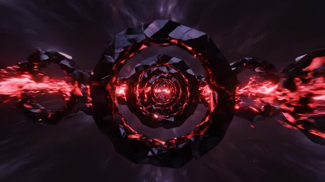 Abstract red energy flow through dark rotating geometric rings, a hypnotic tunnel effect. Cosmic motion background for high energy visuals.