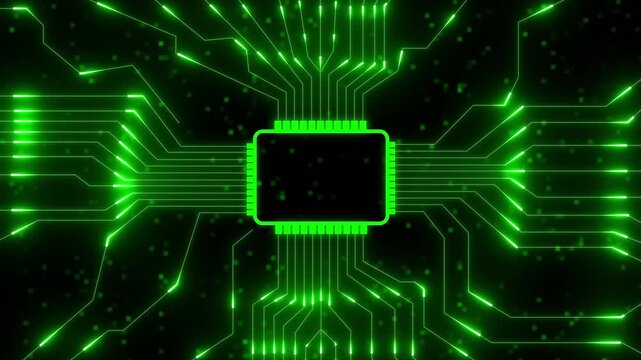 Glowing green circuit board with central processor and data flow technology computer. Computer chip with circuit board and digital network. Futuristic technology system and data connection concept.