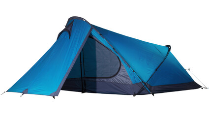 Blue and grey camping tent with open entrance, isolated on transparent background © Mihai