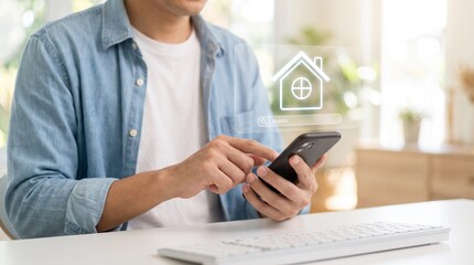 Fototapeta premium Person searching for a new home on a mobile phone with digital house icon in a bright home office
