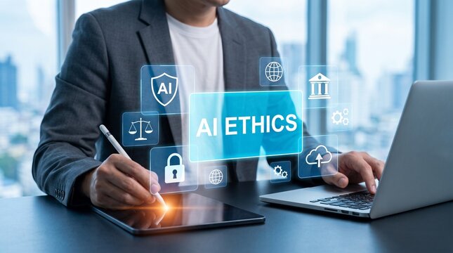 Business professional using tablet and laptop with AI ethics digital interface in modern office
