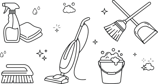 Cleaning service tools line art vector icons set with vacuum cleaner spray bottle broom bucket and brush