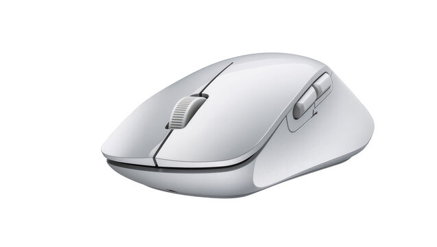 Ergonomic white computer mouse with scroll wheel and buttons, isolated on transparent background
