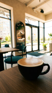 A warm cup of coffee with latte art sits on a wooden table in a bright cafe