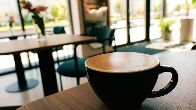 A steaming cup of latte sits on a wooden table in a bright, modern cafe