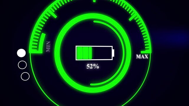 Futuristic neon green battery meter showing 31 percent charge level with min max indicators. Digital interface reflects technology and energy system.