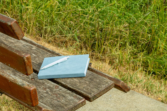 Carnet bleu et stylo blanc pos&eacute;s sur un banc en bois dans un parc. Image &eacute;voquant l'&eacute;criture, la cr&eacute;ativit&eacute;, la r&eacute;flexion, l'&eacute;tude, le d&eacute;veloppement personnel et le calme en pleine nature.