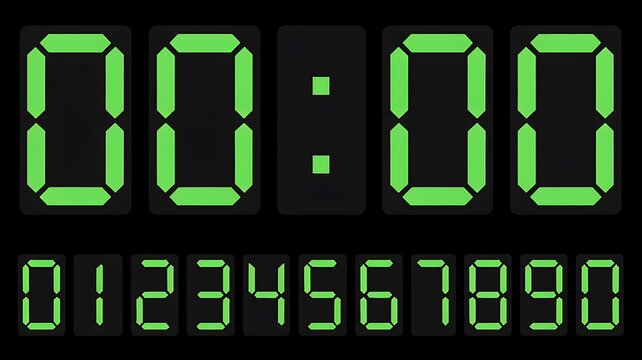 Green digital clock display, numeric countdown timer, electronic scoreboard, neon-like digits