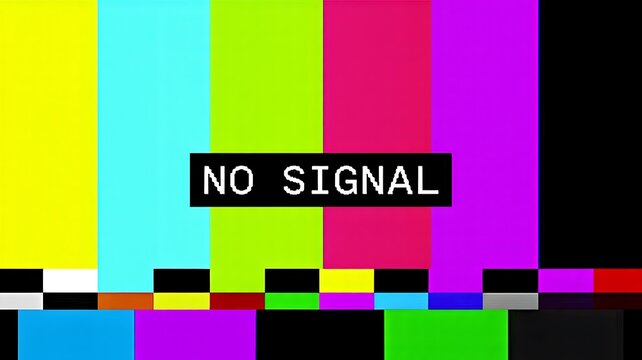 No signal, TV static screen, colorful bars, error message, broadcasting failure