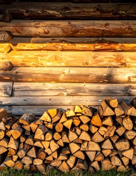 Sunlit Rustic Firewood Stack Arranged Against Weathered Log Cabin Wall