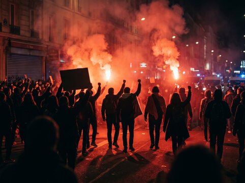 A large crowd of activists and protesters march through an urban street at night with glowing red flares and placards during a intense political demonstration