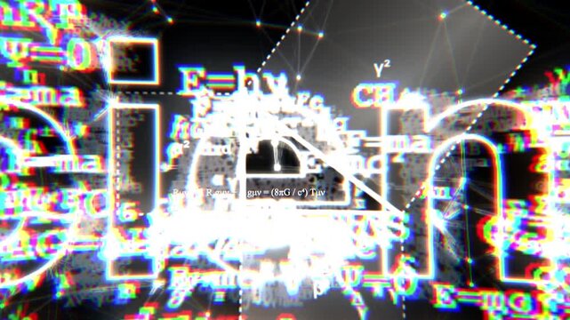4K motion graphics zoom out from the word "Science" filled with physics and math formulas. Animated on a futuristic dark plexus network background. Perfect for education, technology, & sci-fi concepts