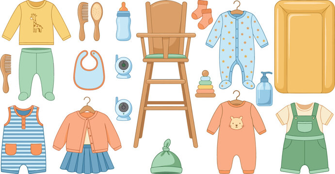 Comprehensive baby clothes and nursery furniture vector set featuring a high chair, changing mat, bodysuits, rompers, monitor, feeding bottle, and grooming hairbrushes isolated on white background.