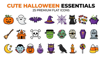 Fototapeta premium Cute Halloween Essentials – 25 modern flat Halloween icons including pumpkin, ghost, bat, witch hat, spider web, black cat, candy, cauldron, broom, haunted house, isolated on white background, premium