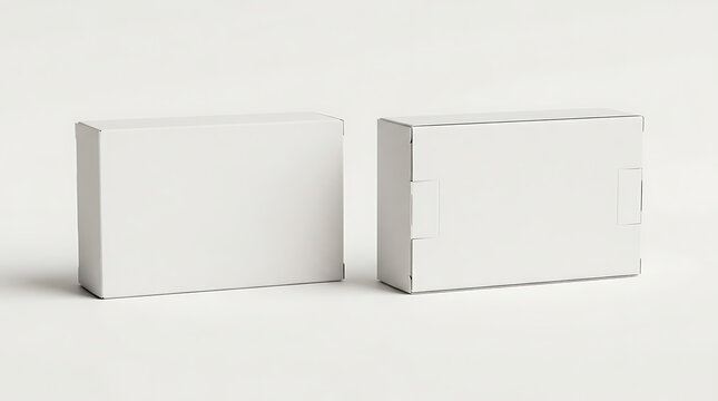 Two blank white boxes are sitting on a minimalist white surface indoors.